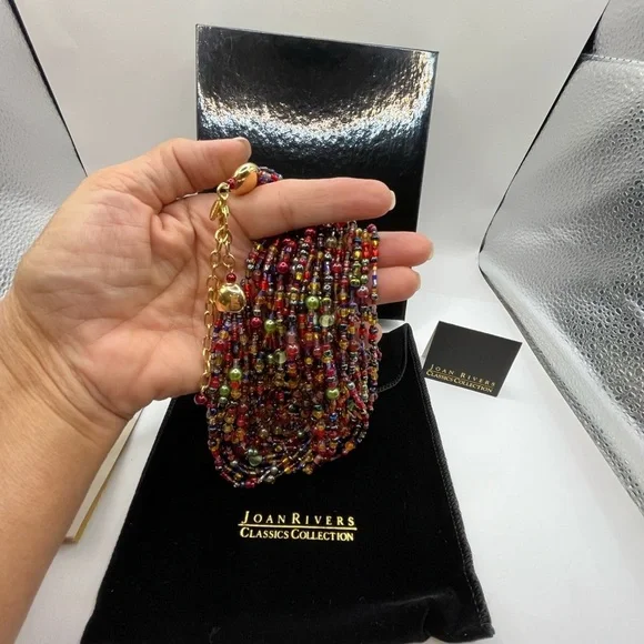 Vintage Joan Rivers Glass Gold Tone Jewel Tone 12 Multistrand Beaded Necklace